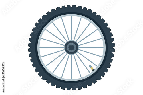 A bicycle wheel symbol vector illustration is depicted, showcasing a mountain tyre made of rubber, a valve, and elements of fitness cycle, mtb, and mountainbike