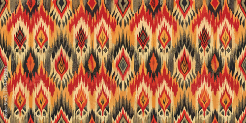 Colorful tribal pattern featuring vibrant reds, oranges, and blacks.