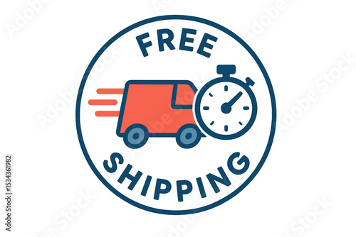 Free shipping delivery service is represented by a logo badge, emphasizing fast time delivery order and quick shipping delivery icon