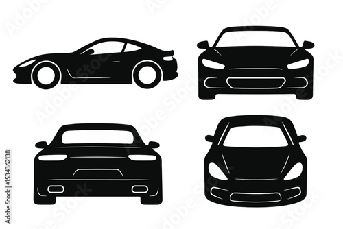 The silhouette of a sports car is displayed on a white background with a set of vehicle icons seen from the side, front, back, and top