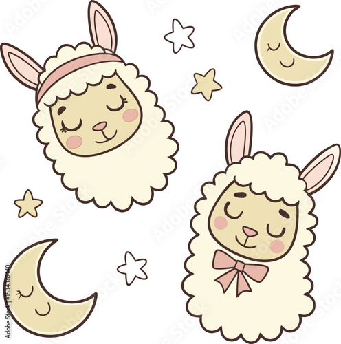 Sleepy Alpaca Faces with Dreamy Crescent Moons and Stars - Sweet Cartoon Animal Illustration for Kids' Bedroom and Nursery Decorations