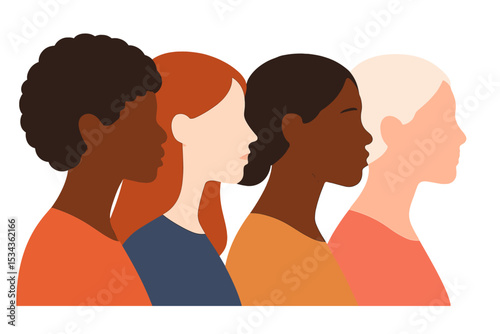 A feminism movement concept is illustrated through minimal flat-style artwork featuring profile silhouettes of women from different age groups and racial backgrounds, each with unique skin colors and