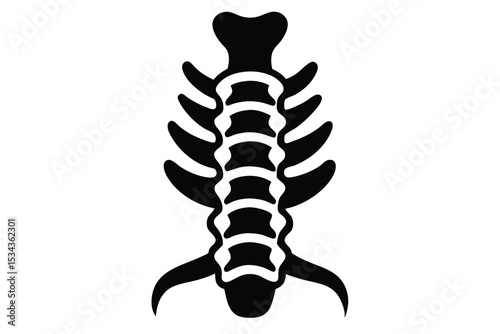 Black silhouette illustration of a spine with ribs connected, vector graphic, anatomical representation