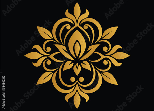 Elegant Gold Floral Ornament on Black Backdrop Vintage Inspired Design Flourish Pattern Symbolizing Luxury Sophistication Decorative Motif