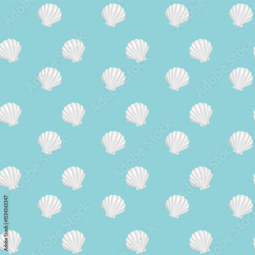 Seamless pattern with cartoon sea shell on blue background vector illustration. Cute marine print.