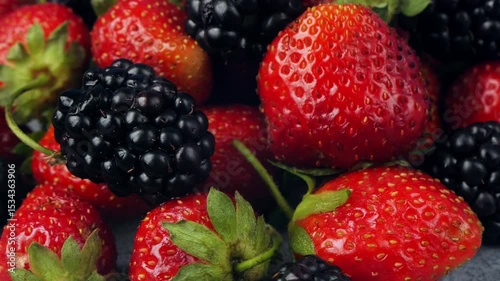 Berries Strawberries with green leaves and blackberries fresh juicy rotating in a circle