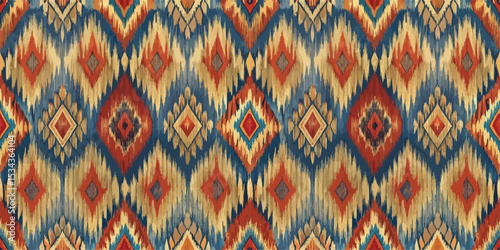 Colorful geometric pattern featuring vibrant diamonds and zigzags.