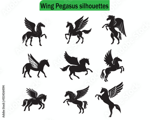 set of silhouettes of wing pegasus