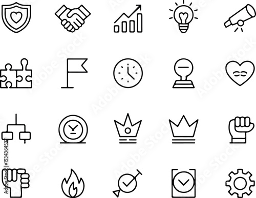 Core Values Line Icon Set – Minimal Thin Stroke Icons of Trust, Teamwork, Leadership, Innovation, Mission, Integrity, Respect and Company Ethics for Corporate Branding