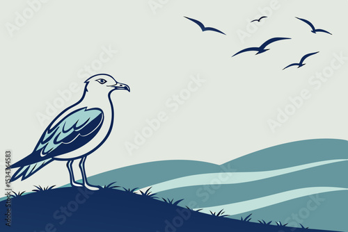 Seagull on Cliff with Flying Birds & Ocean View