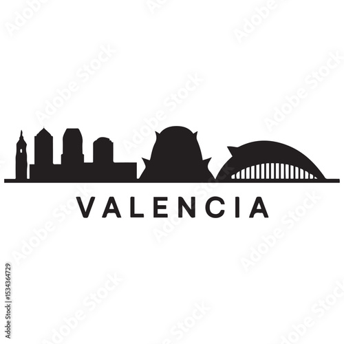 Vector Valencia skyline. Travel Valencia famous landmarks. Business and tourism concept for presentation, banner, web site. Vector black silhouette. with white background