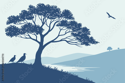 Australian Landscape Silhouette: Tranquil Nature Scene with Trees and Birds