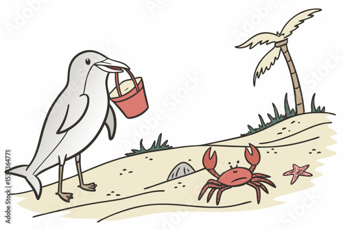 Seagull with Beach Bucket on Shore: Coastal Cartoon Illustration