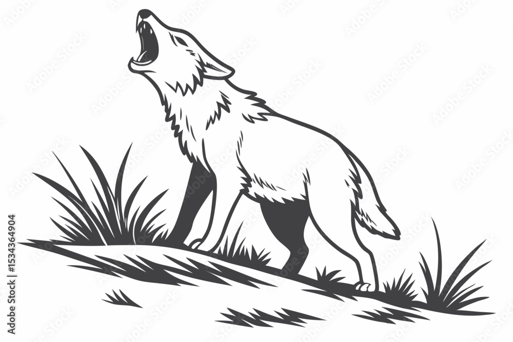 Obraz premium Howling Wolf or Coyote Drawing: Wildlife Animal Illustration