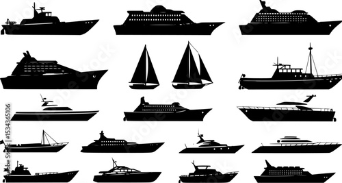 Maritime ships black silhouette. Vector icon set of ship at sea, sail boats, yacht, passenger liner, sailboat, cruiser and cargo ships. Water ocean transport boat in flat style. Sea marine travel 