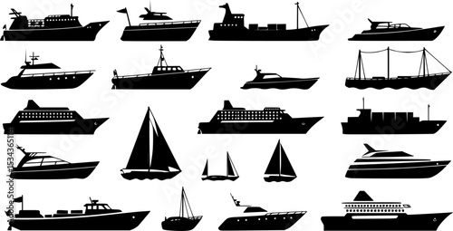Maritime ships black silhouette. Vector icon set of ship at sea, sail boats, yacht, passenger liner, sailboat, cruiser and cargo ships. Water ocean transport boat in flat style. Sea marine travel 
