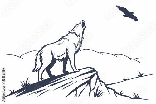  Howling Wolf on Cliff with Flying Bird: Wildlife Art