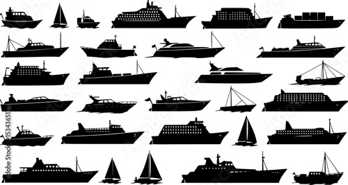 Maritime ships black silhouette. Vector icon set of ship at sea, sail boats, yacht, passenger liner, sailboat, cruiser and cargo ships. Water ocean transport boat in flat style. Sea marine travel 
