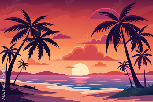 Tropical palms silhouette the summer sky as the sun sets over the serene island beach