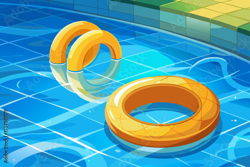 A vivid 3D illustration of a blue swimming pool with a red and white life buoy, a symbol of safety