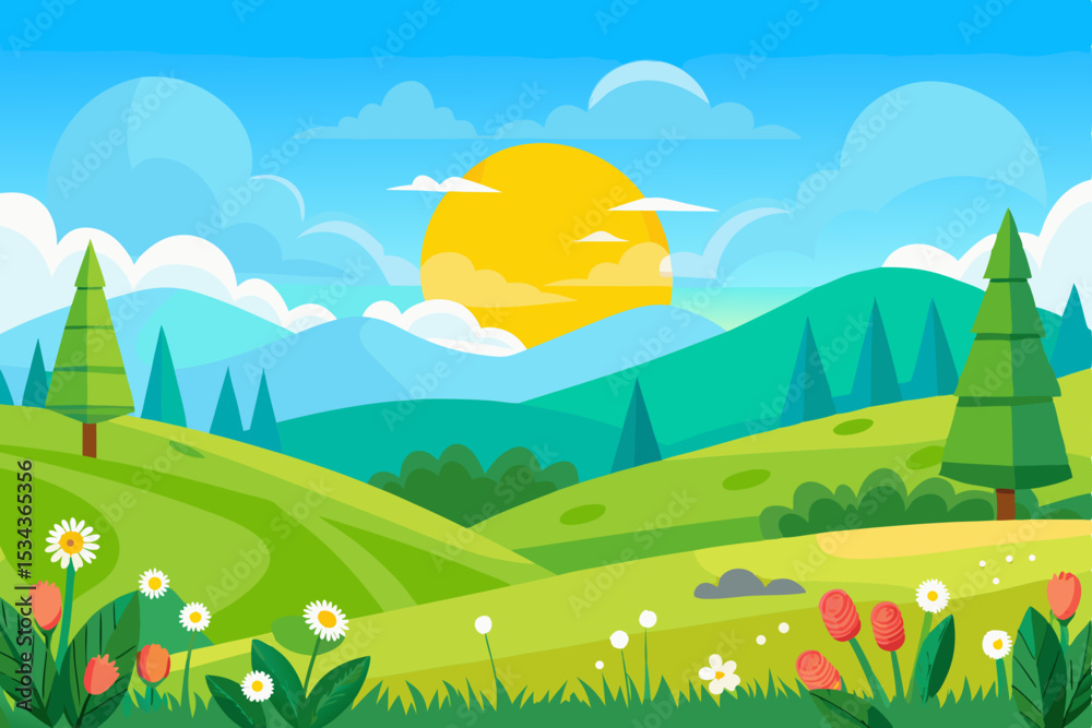 Fototapeta premium Rolling green hills under a bright blue sky with distant mountains, adorned with summer flowers and trees, depict a serene countryside landscape