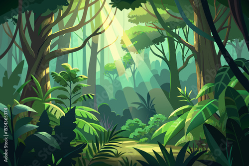 Sunlight filters through a serene tropical bamboo forest in Thailand, creating a beautiful jungle landscape