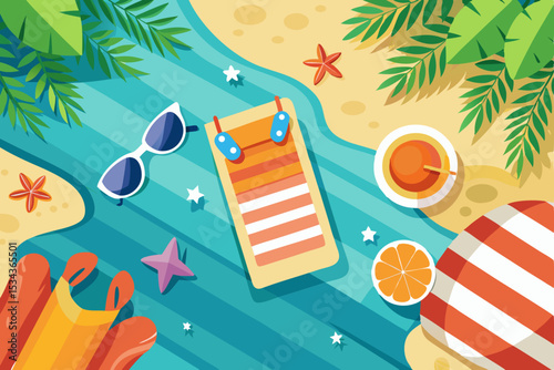 Tropical summer beach vacation with sun, sand, sea, and palm trees, a perfect island holiday illustration