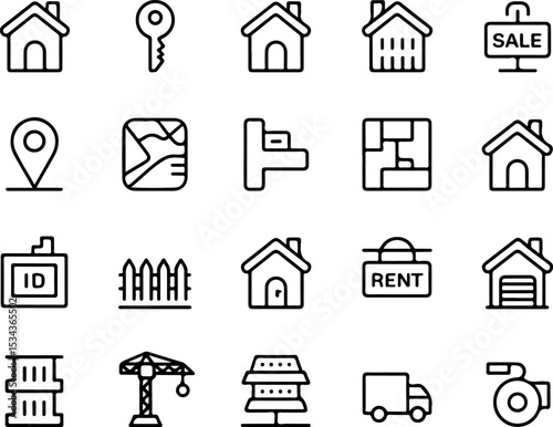 Real Estate Line Icon Set – Clean Minimal Icons for Property Sale, House, Apartment, Location, Key, and Realtor Elements, Vector Style for UI, App and Web
