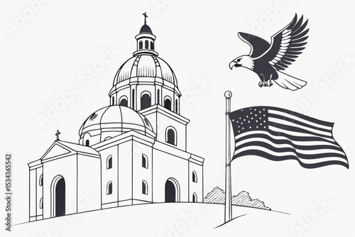 American Patriotism: Church, Eagle, and Flag Illustration
