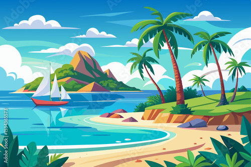 Tropical island beach with palm trees, summer vacation paradise
