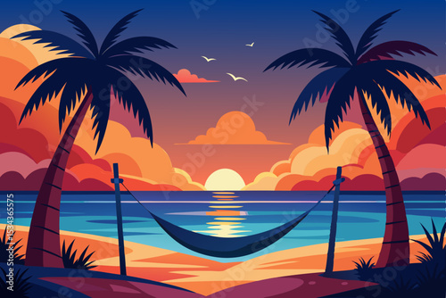 A vibrant tropical sunset silhouetting palm trees on a serene beach
