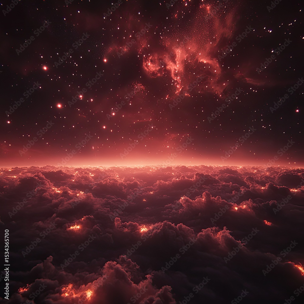Naklejka premium Crimson celestial expanse above a fiery cloud layer