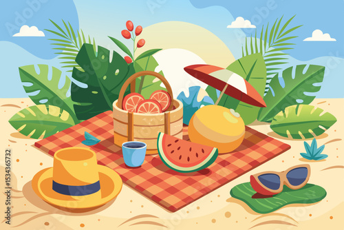 Tropical island paradise: sun-drenched beach, swaying palm trees, and clear blue ocean waves perfect for a summer holiday