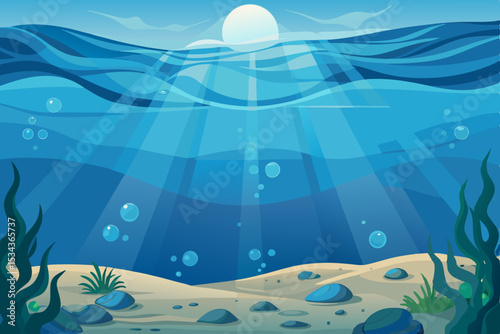 Deep blue ocean water with sunlight filtering through, showcasing an abstract underwater world map background with marine life and gentle waves