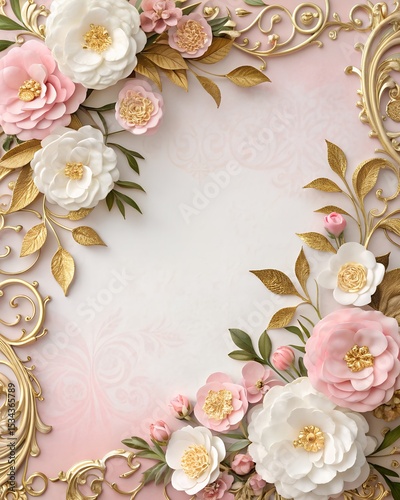 Elegant pink and white paper flowers with gold accents and ornate frame