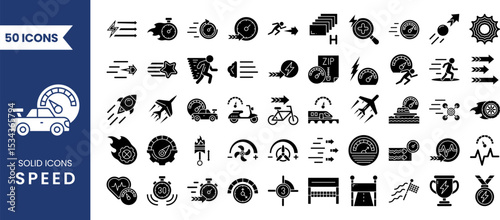 Speed icon set in solid style. Containing fast, slow, movement, indicator, turbo, speeding, express, speedometer and more. Vector illustration