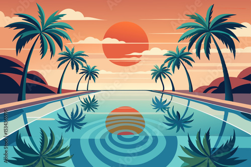 Tropical island beach landscape vector illustration with palm trees and a vibrant summer sky