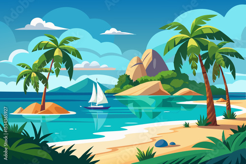 Tropical island beach with palm trees, a paradise of sun, sand, and clear ocean water, perfect for a summer vacation