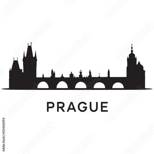 Prague skyline horizontal banner. Prague, Czech Republic. Vector template for your design. Vector black silhouette. with white background