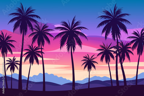 Tropical palms silhouette against a vibrant sunset over the tranquil sea, evoking a perfect island paradise