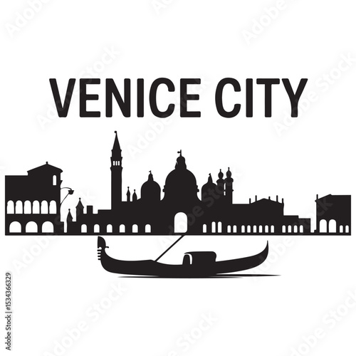 Venice skyline horizontal banner. Venice City, Italy. Vector template for your design. Vector black silhouette. with white background