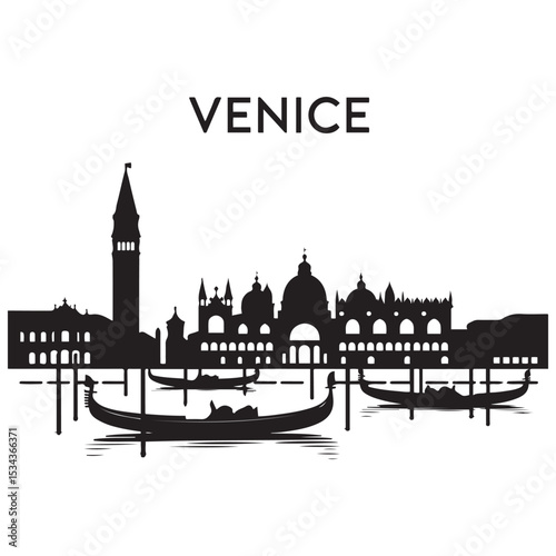 Venice skyline horizontal banner. Venice City, Italy. Vector template for your design. Vector black silhouette. with white background