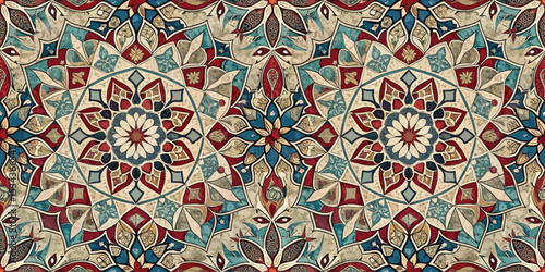 Intricate symmetrical mandala with vibrant colors and floral motifs.