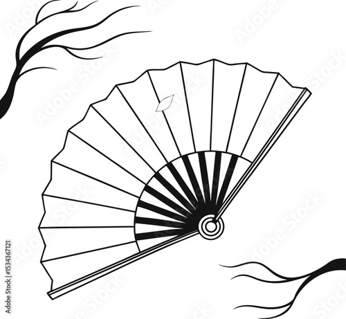 Traditional black oriental fan with intricate patterns