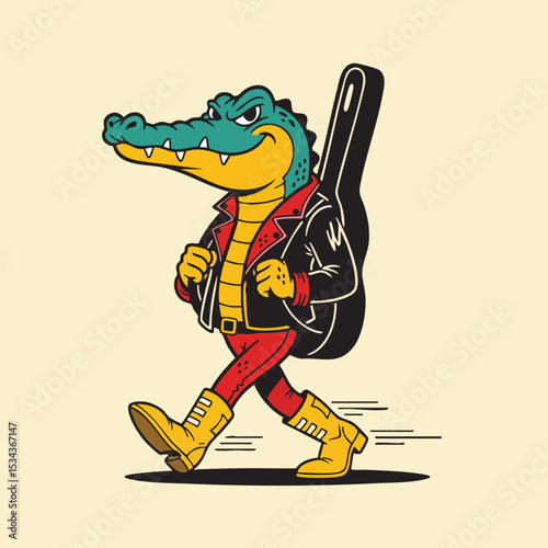 crocodile cartoon carrying guitar case. Alligator Guitar Legend