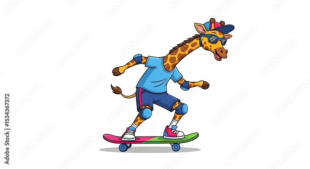 Fototapeta premium Cool cartoon giraffe skateboarder with backward cap and knee pads. Sporty urban character on white background.