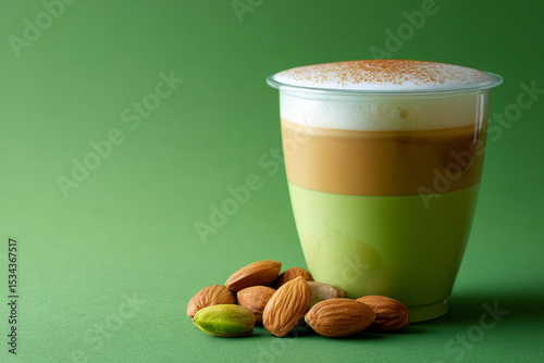 Layered beverage with almond garnish on a green background in a bright setting