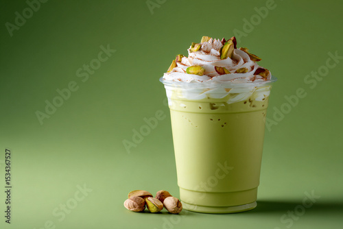 Refreshing green tea dessert drink topped with whipped cream and pistachios
