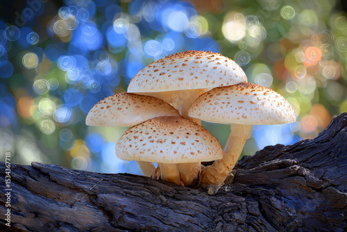 Unique mushroom cluster thriving on a log in a vibrant forest setting during autumn