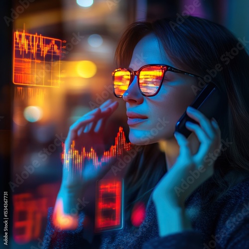 Night Trading, Woman Analyzing Stock Market Data on Her Phone